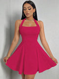 KJDESIGN Pink Halter Neck Fit & Flare Mini Dress for Women | Sleeveless Solid Party Dress with Asymmetric Hem