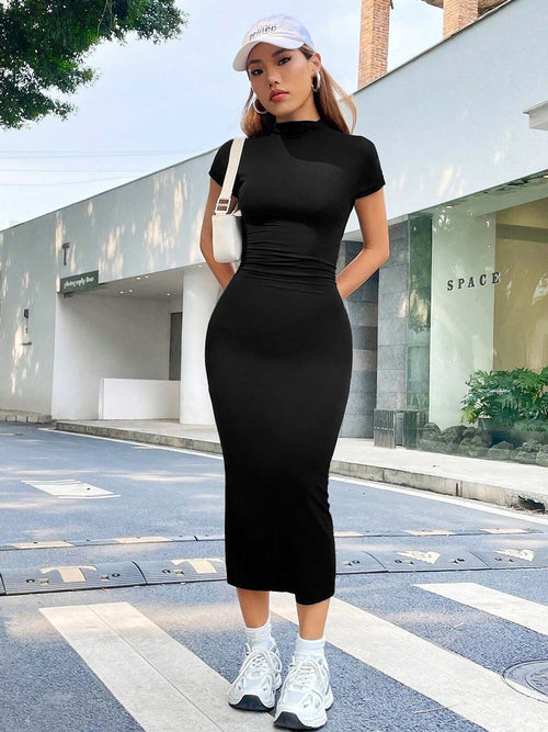 KJDESIGN Women Solid Black Bodycon Midi Dress | High Neck Black Solid Bodycon Dress with Cut-Out Detail | Short Sleeves Knitted Midi Dress