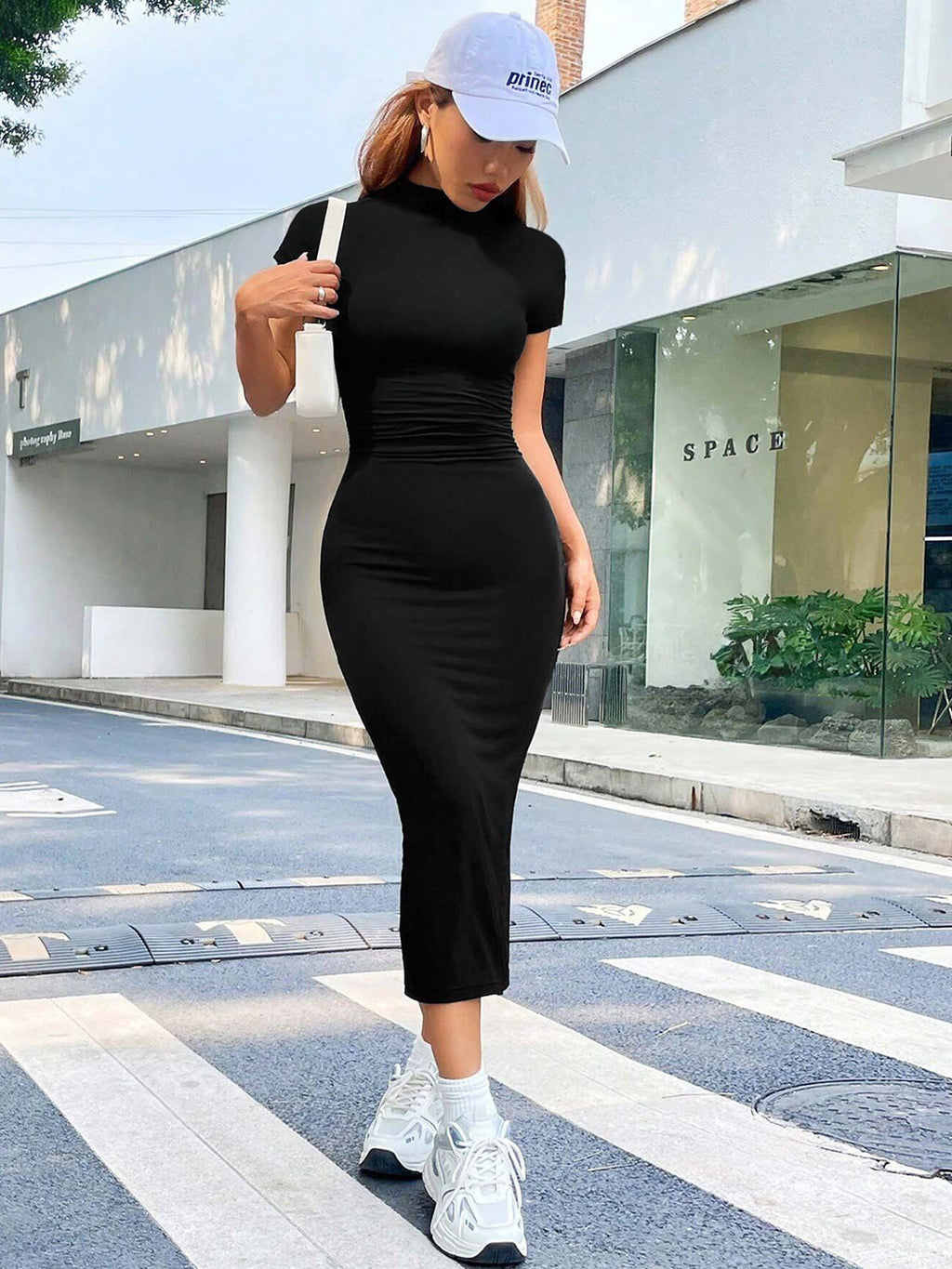 KJDESIGN Women Solid Black Bodycon Midi Dress | High Neck Black Solid Bodycon Dress with Cut-Out Detail | Short Sleeves Knitted Midi Dress