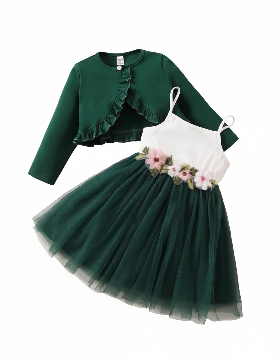 Trim Jacket & Appliques Mesh Flare Hem Cami Dress | Tutu Skirt, Layered Tulle, Above Knee, Sleeveless, Round, A-Line, Tiered, Null, Embroidery, Partywear, Tutu Dress